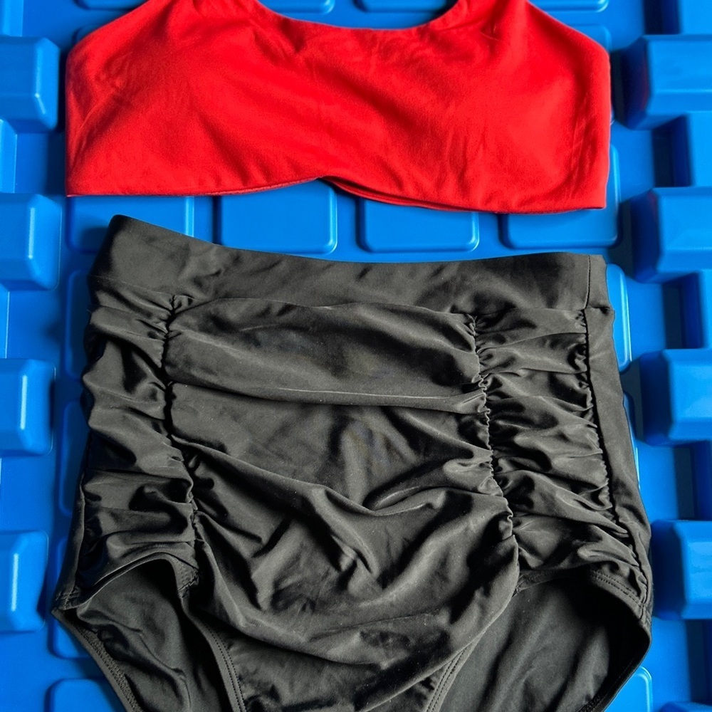 3 for $40 Medium Red and Black Two-Piece Swimsuit
